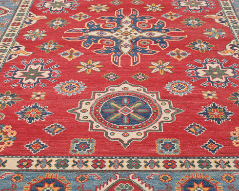 6x8 Red Kuba Afghan Hand Knotted Wool Area Rug
